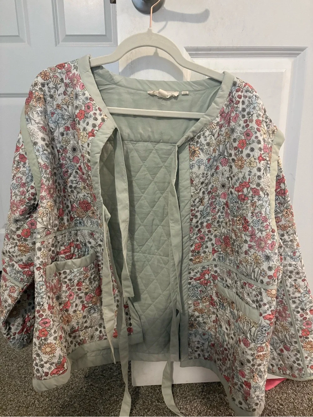 Quilted Floral Tie-Front Jacket - Light Sage Floral